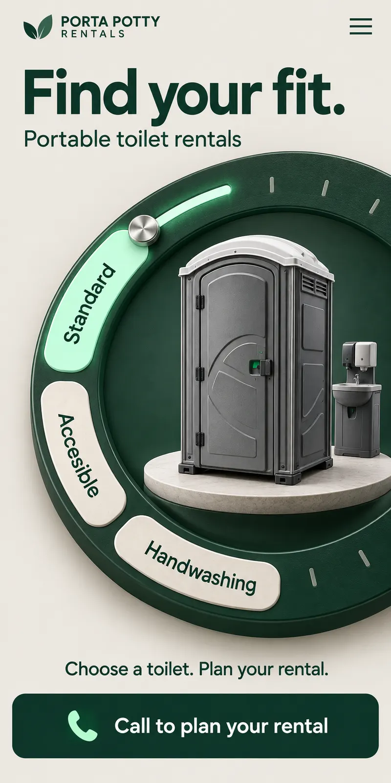 Standard portable toilet surrounded by a green equipment-category dial